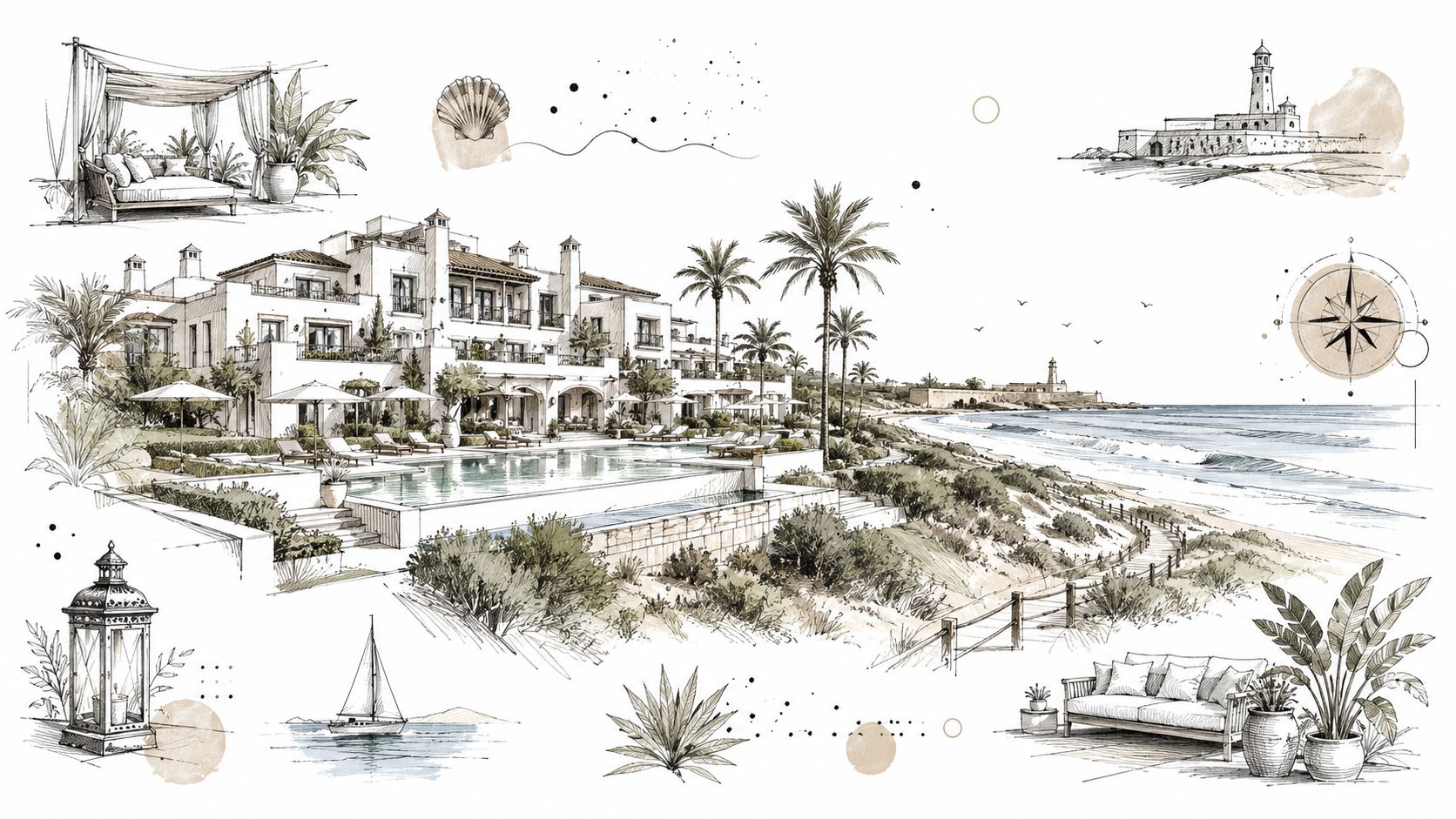 Ilustración artística de un complejo vacacional de lujo junto a la playa en Sancti Petri, España.