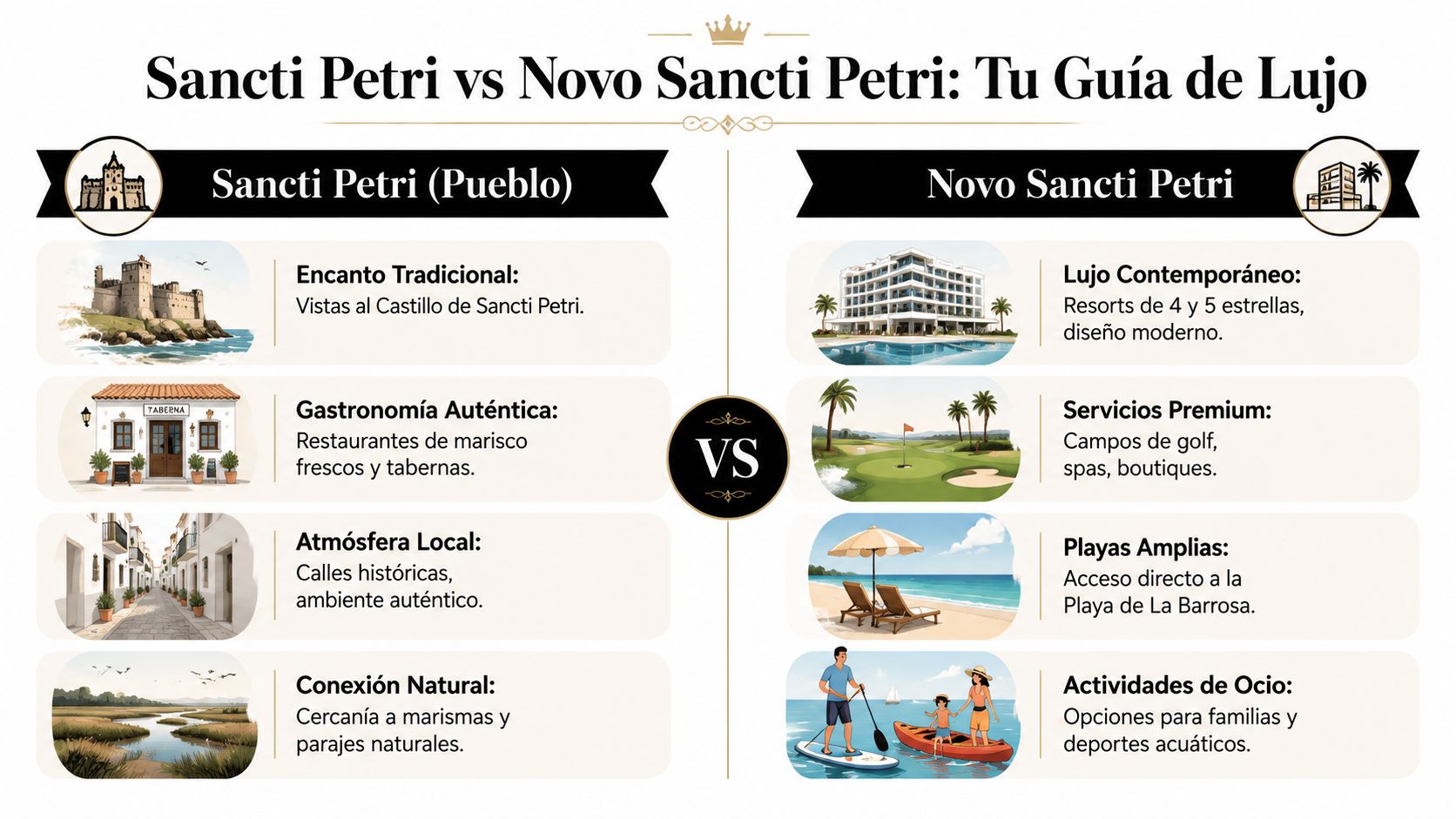 Comparativa entre Sancti Petri tradicional y Novo Sancti Petri moderno mostrando sus características, entornos y servicios turísticos.