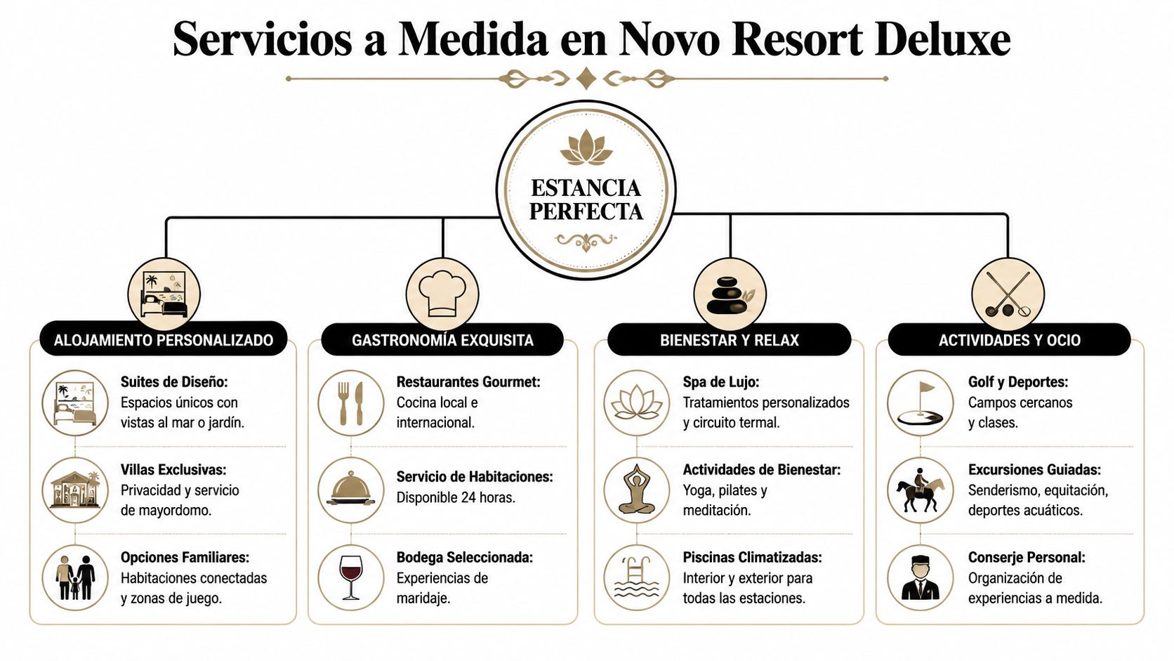 Infografía de servicios personalizados en Novo Resort Deluxe destacando alojamiento, gastronomía, bienestar y opciones de ocio.