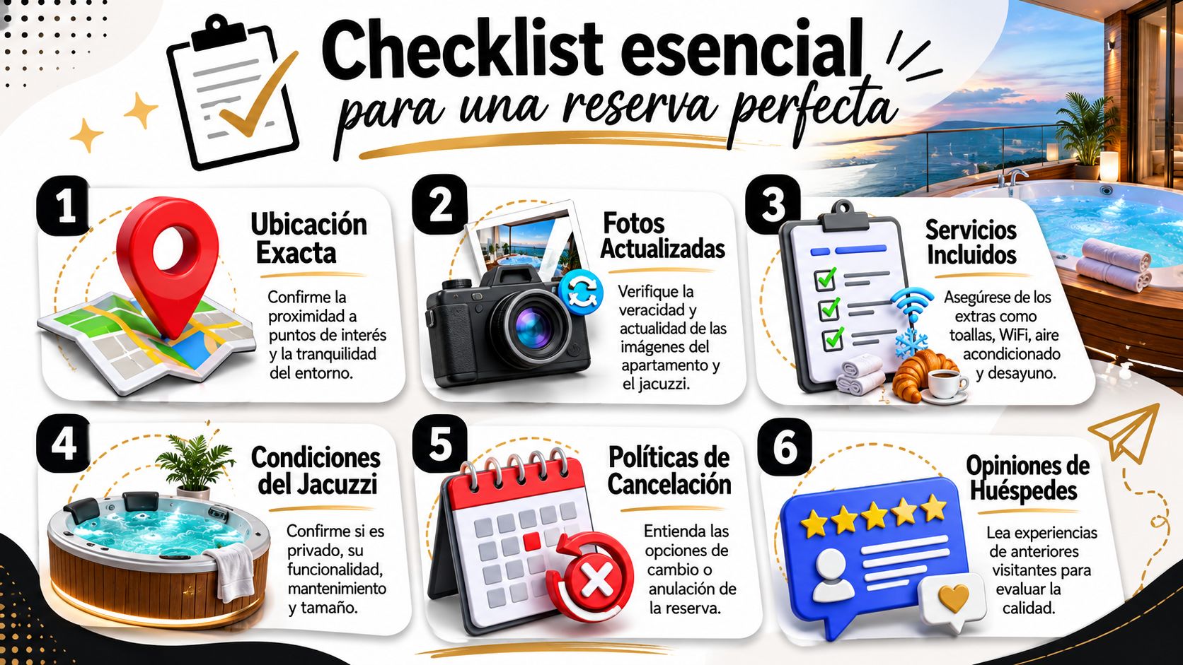Una infografía con una lista de verificación esencial en español para planificar una reserva de alojamiento perfecta.