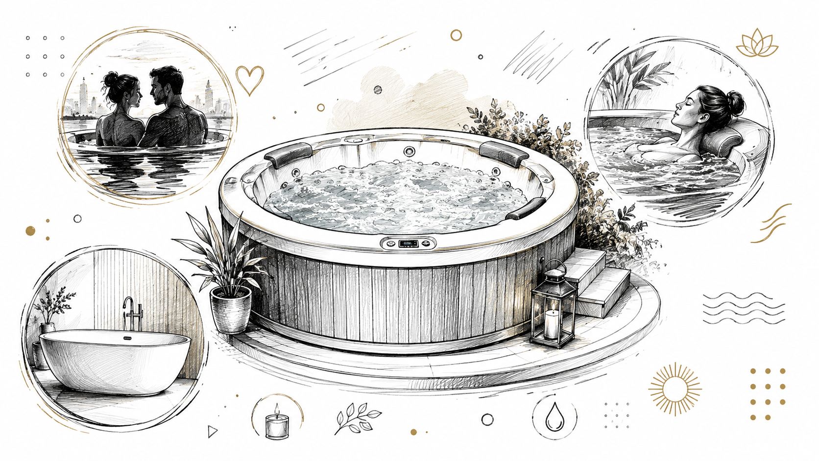 Ilustración artística de un jacuzzi circular y bañeras para relajación en apartamentos de lujo en Cádiz.