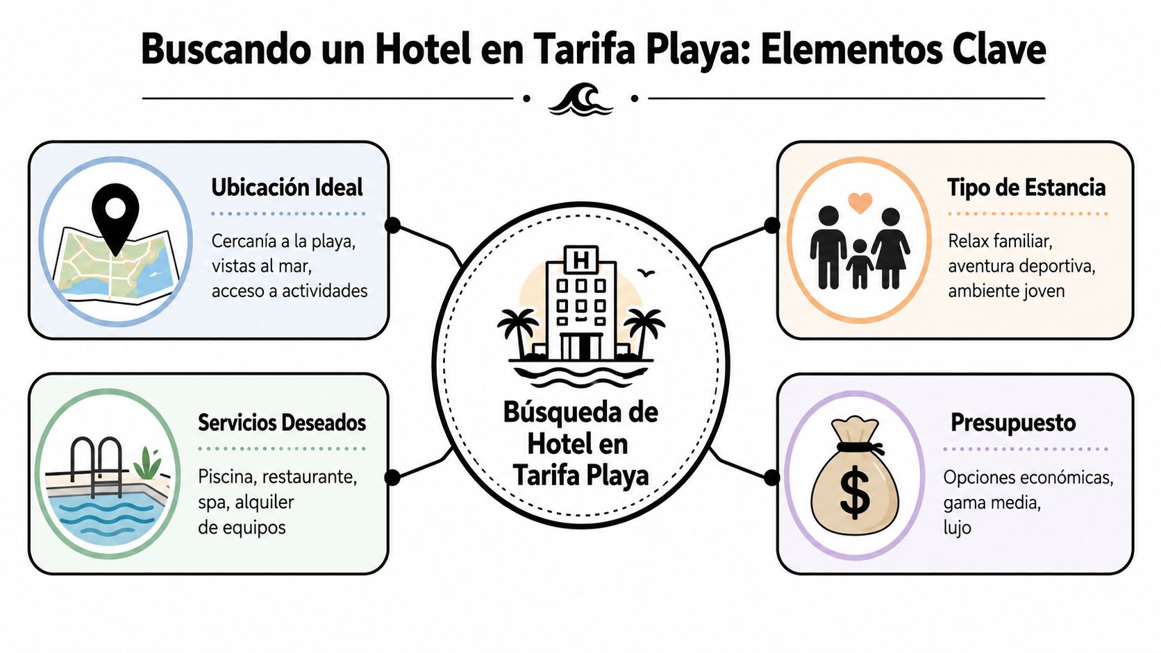 Infografía sobre los elementos clave a considerar al buscar un hotel en la playa de Tarifa.