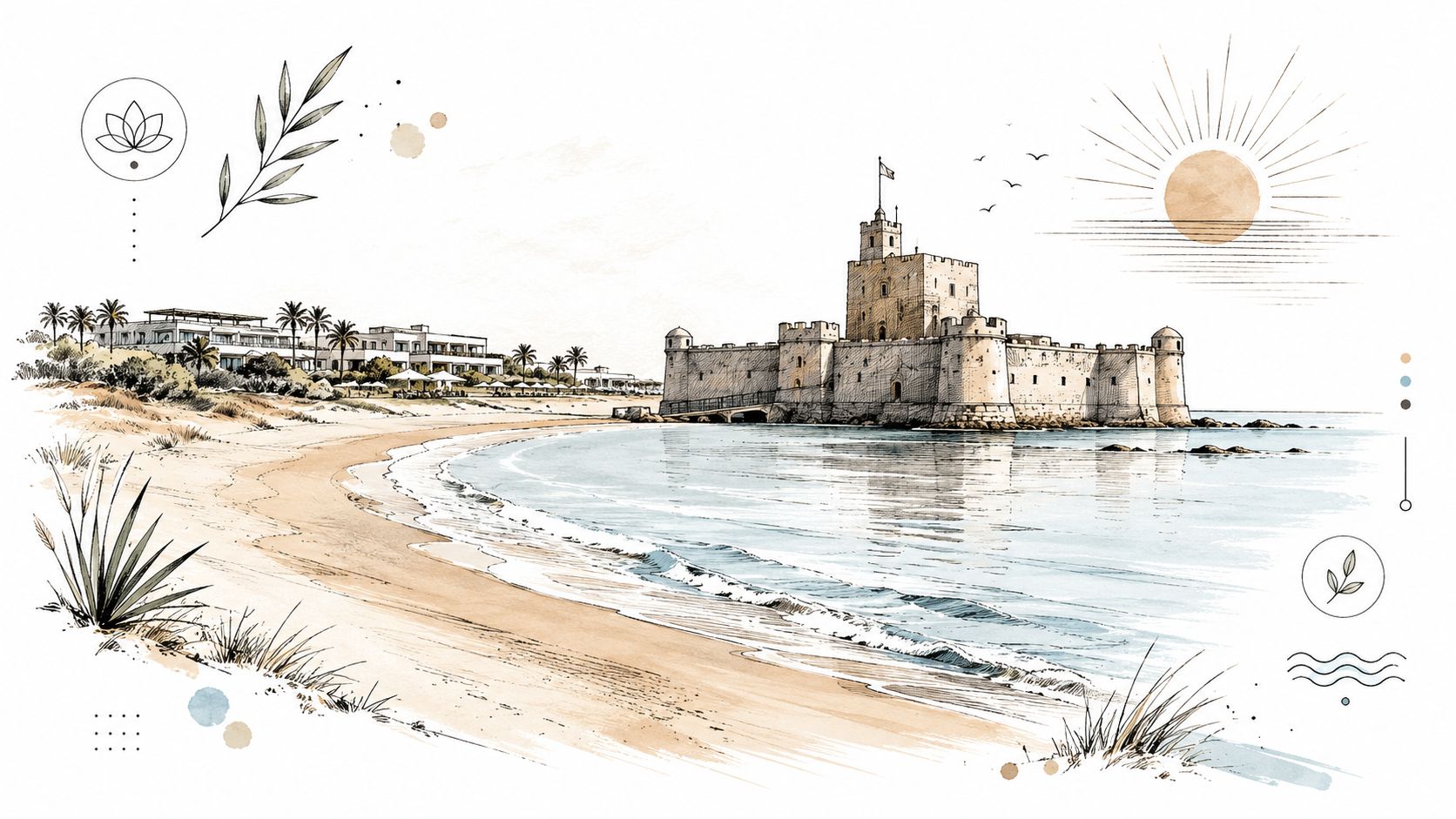 Ilustración artística de un castillo histórico junto a una playa soleada con palmeras y mar tranquilo.