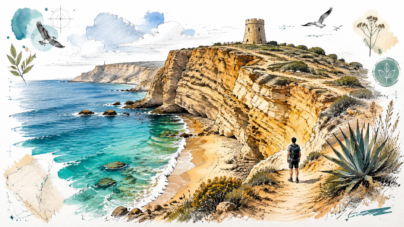 Un senderista contempla un acantilado costero con una torre antigua cerca de una playa en Cádiz.