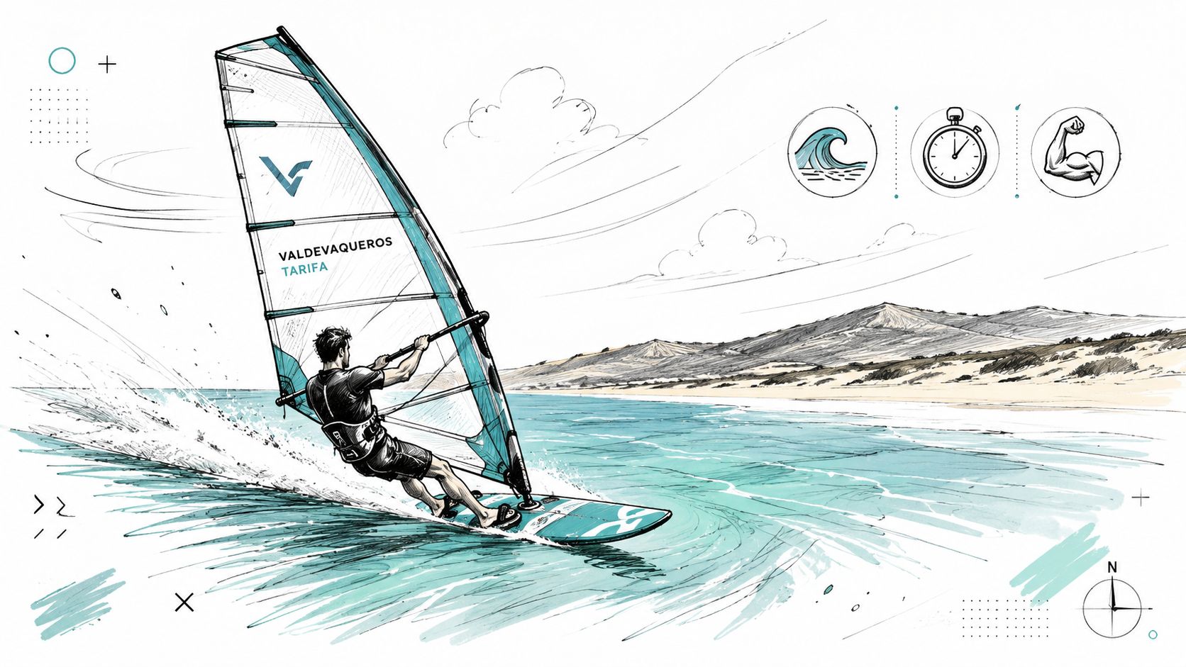 Un windsurfista navega sobre las olas en la playa de Valdevaqueros en Tarifa, Cádiz, España.