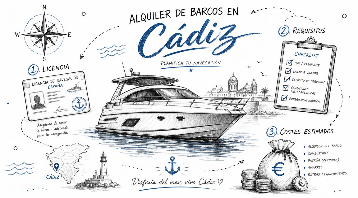 Ilustración informativa sobre requisitos y costes para alquilar barcos en Cádiz con una embarcación central.