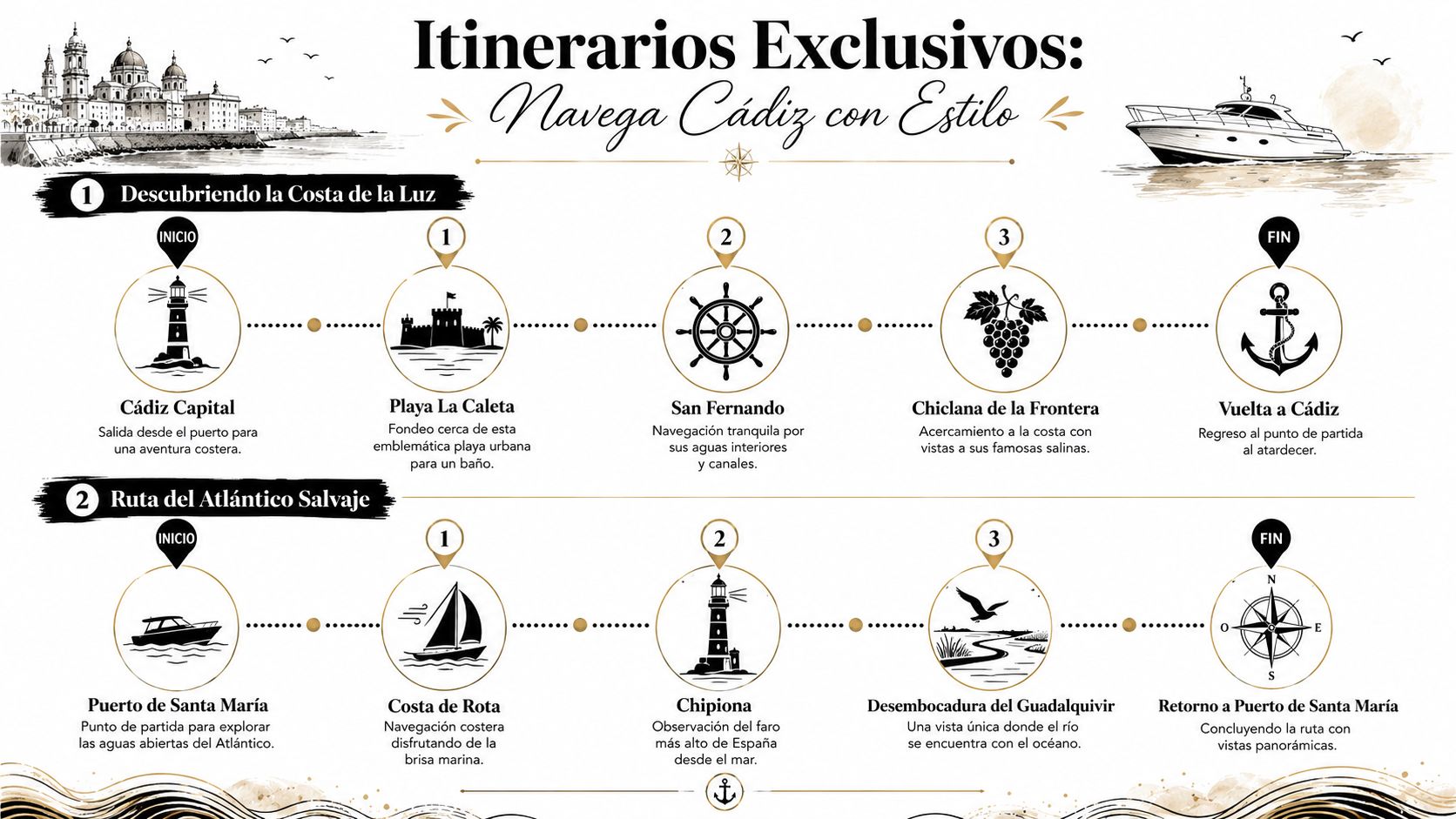 Mapa ilustrado con dos rutas exclusivas para navegar en barco por la costa de Cádiz.