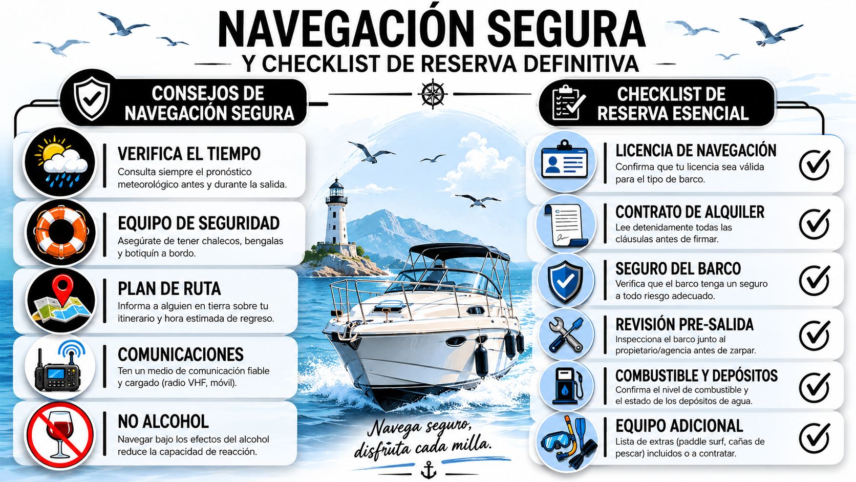 Infografía sobre consejos de navegación segura y checklist esencial para el alquiler de barcos recreativos.