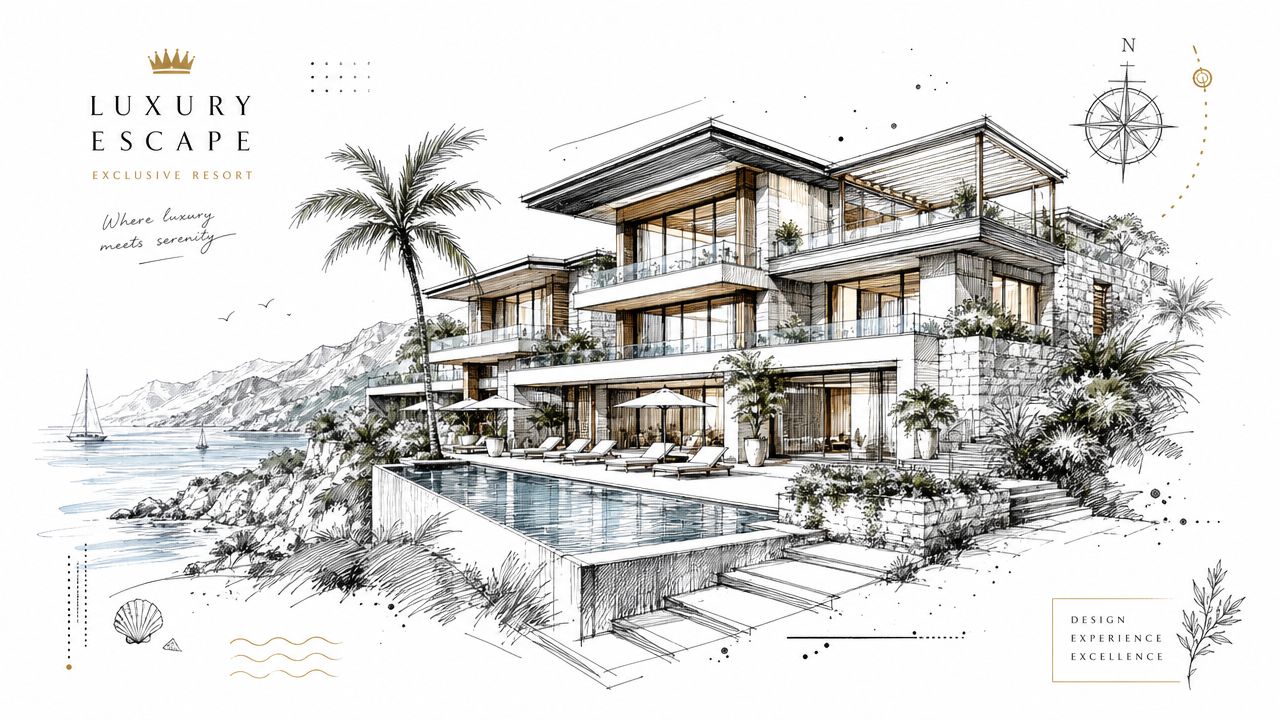 Ilustración artística de un resort de lujo junto al mar con piscina privada y vistas panorámicas espectaculares.