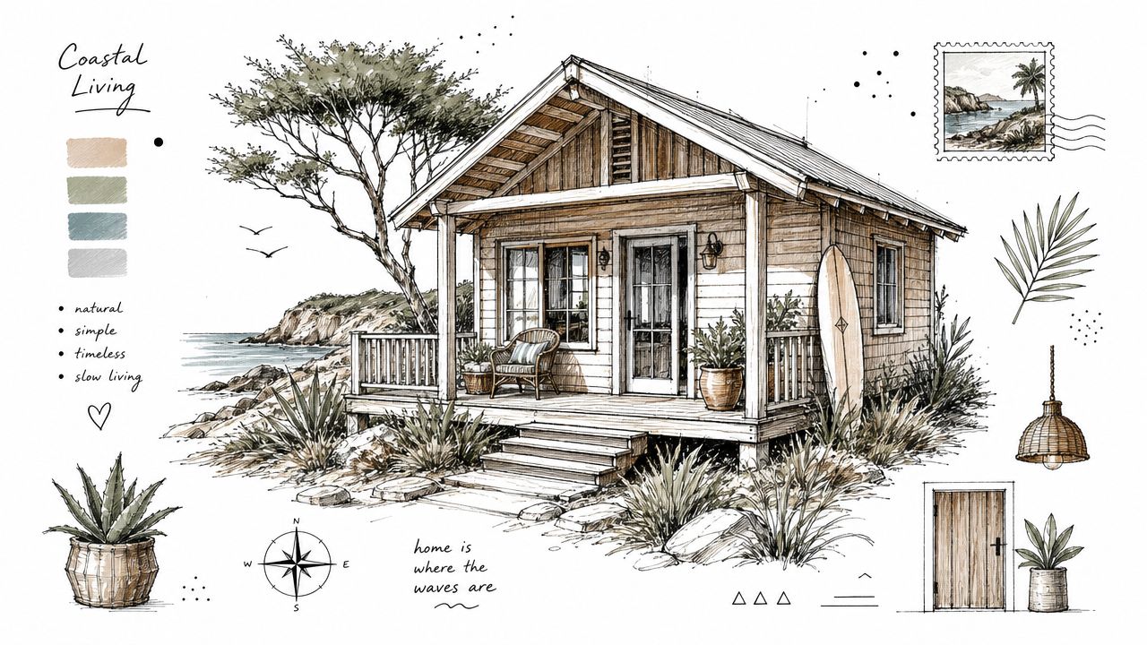 Ilustración artística de un acogedor bungalow de playa con decoración natural, rodeado de vegetación costera y mar.