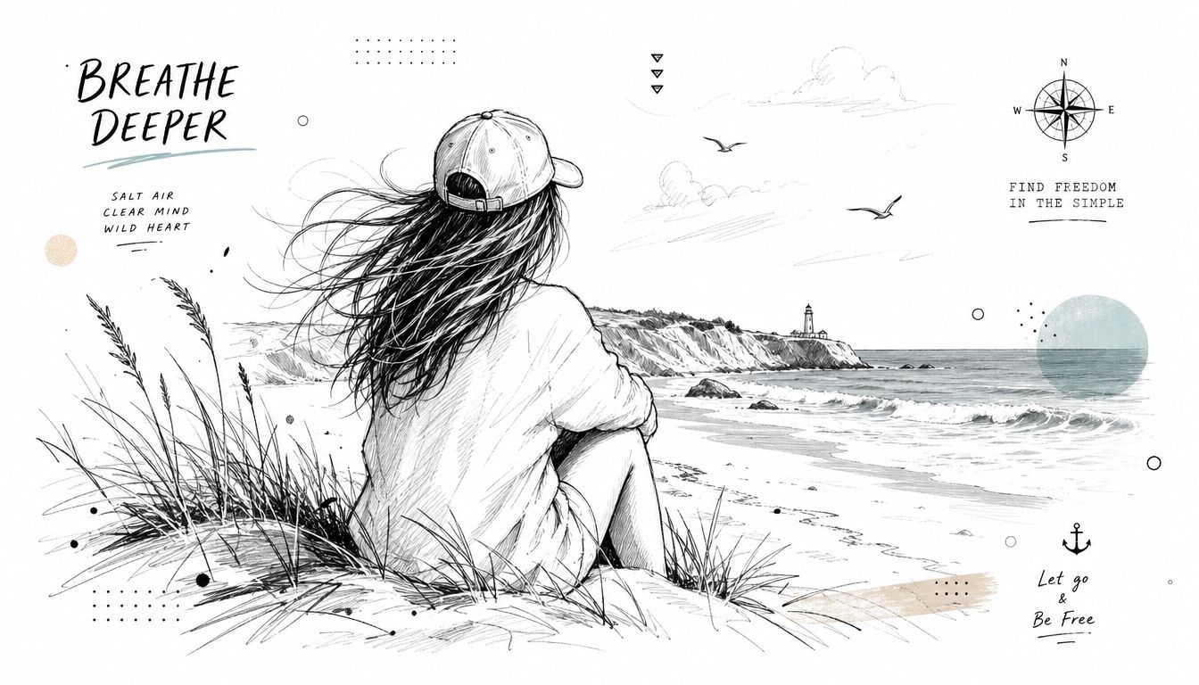 Una ilustración en blanco y negro de una joven mirando el mar junto a un faro costero.