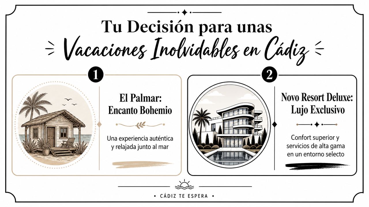 Una comparación visual entre una cabaña bohemia en El Palmar y un lujoso resort en Cádiz.