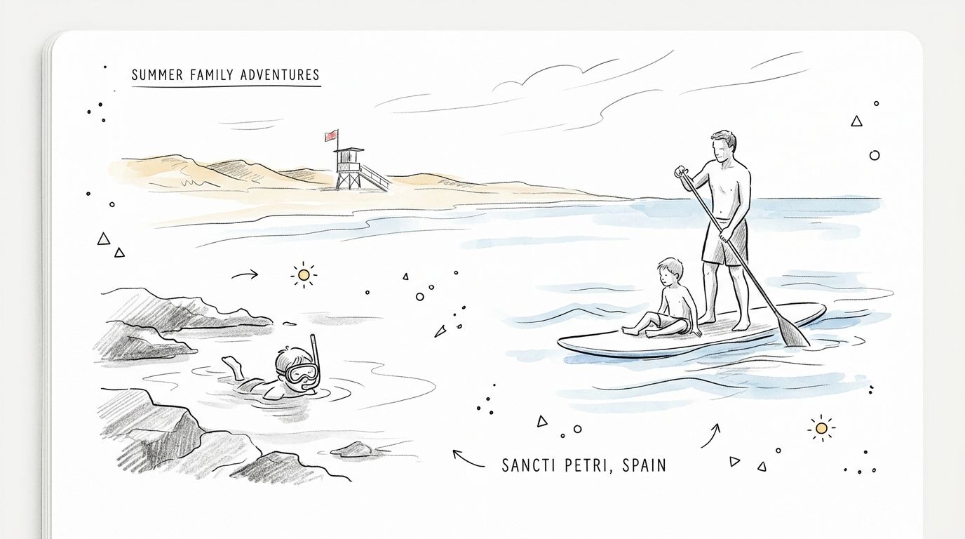 Ilustración artística de una familia disfrutando de actividades acuáticas y buceo en Sancti Petri, España.