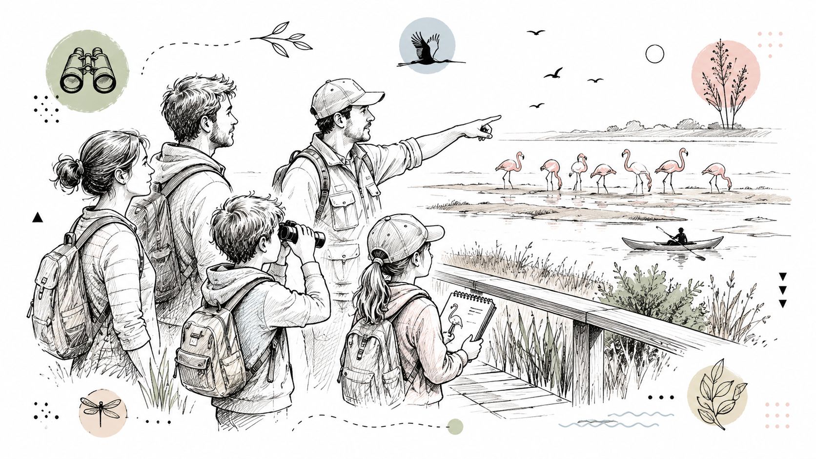 Familia observando flamencos en una laguna durante una excursión educativa al aire libre en España.