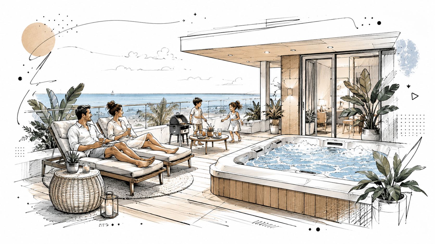 Familia disfrutando de una terraza moderna con jacuzzi y vista al mar en un día soleado.