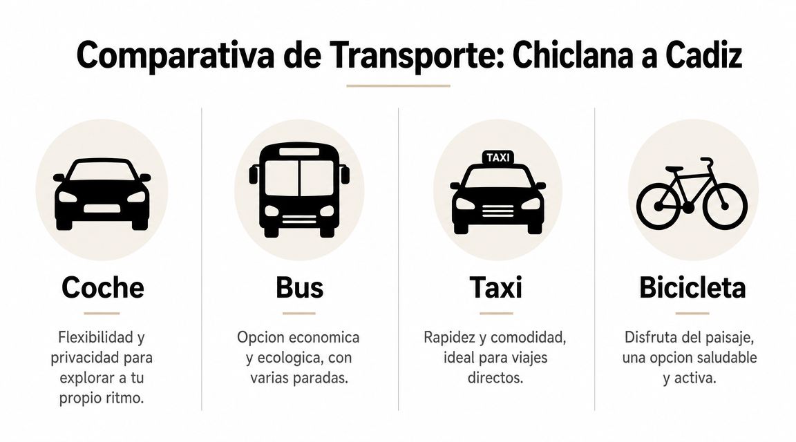Comparativa de diversas opciones de transporte entre Chiclana y Cádiz, incluyendo coche, autobús, taxi y bicicleta.