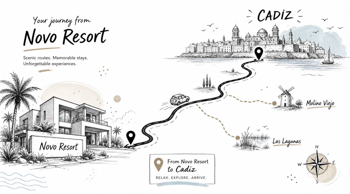 Mapa ilustrado que muestra la ruta escénica desde el Novo Resort hasta la ciudad de Cádiz.