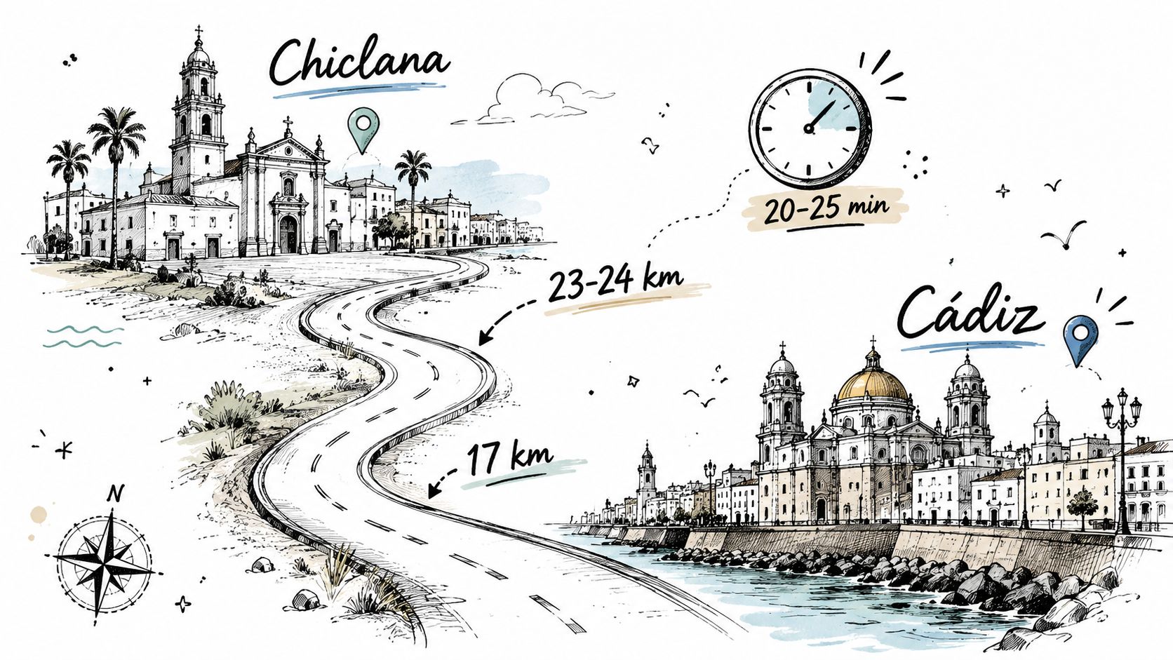 Ilustración artística que muestra la distancia y tiempo de viaje entre las ciudades de Chiclana y Cádiz.