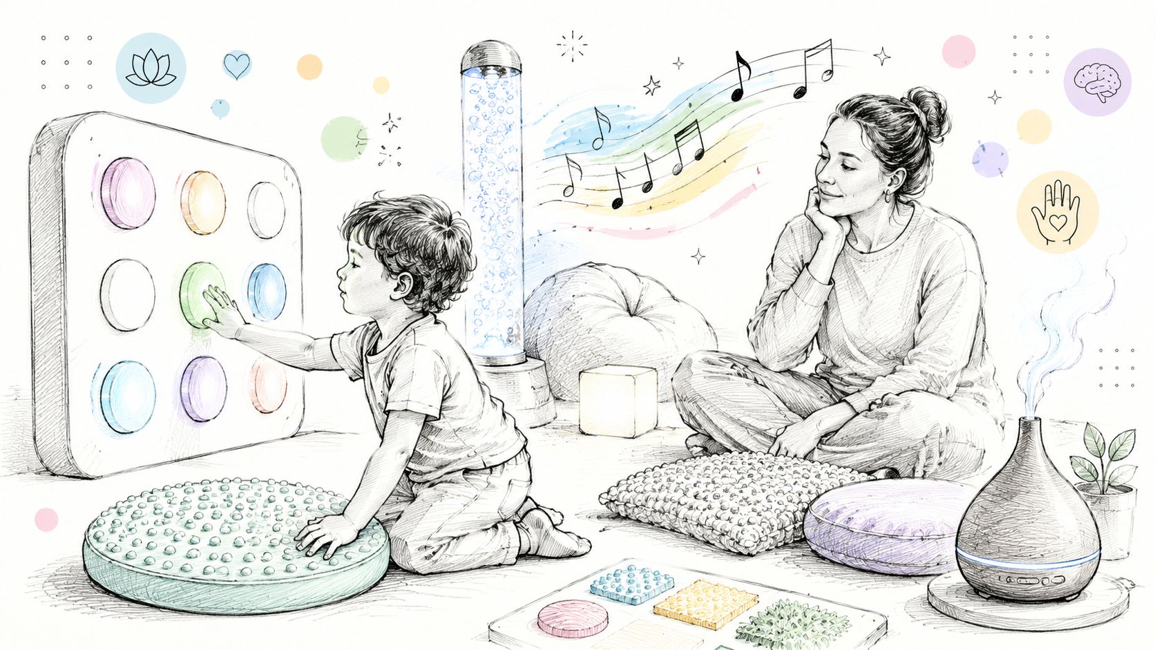 Un niño pequeño interactuando con un panel de luces sensoriales mientras su madre observa con atención.