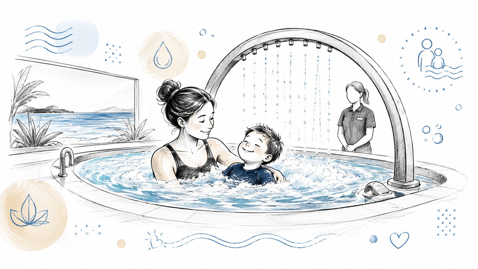 Una madre y su hijo pequeño disfrutan juntos de un relajante baño en una piscina cubierta elegante.