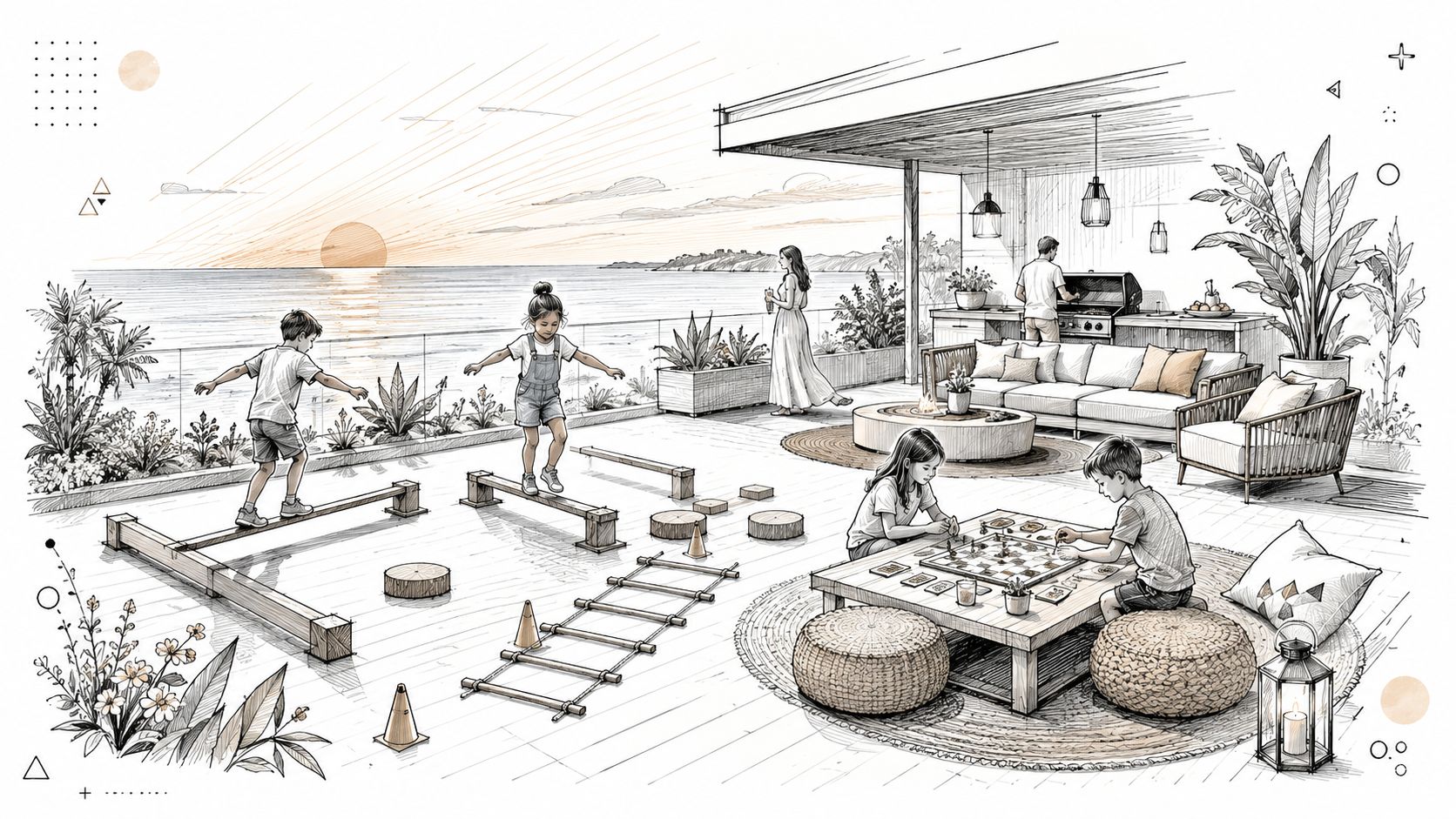 Niños jugando en una terraza moderna frente al mar con juegos de equilibrio y mesa de ajedrez.