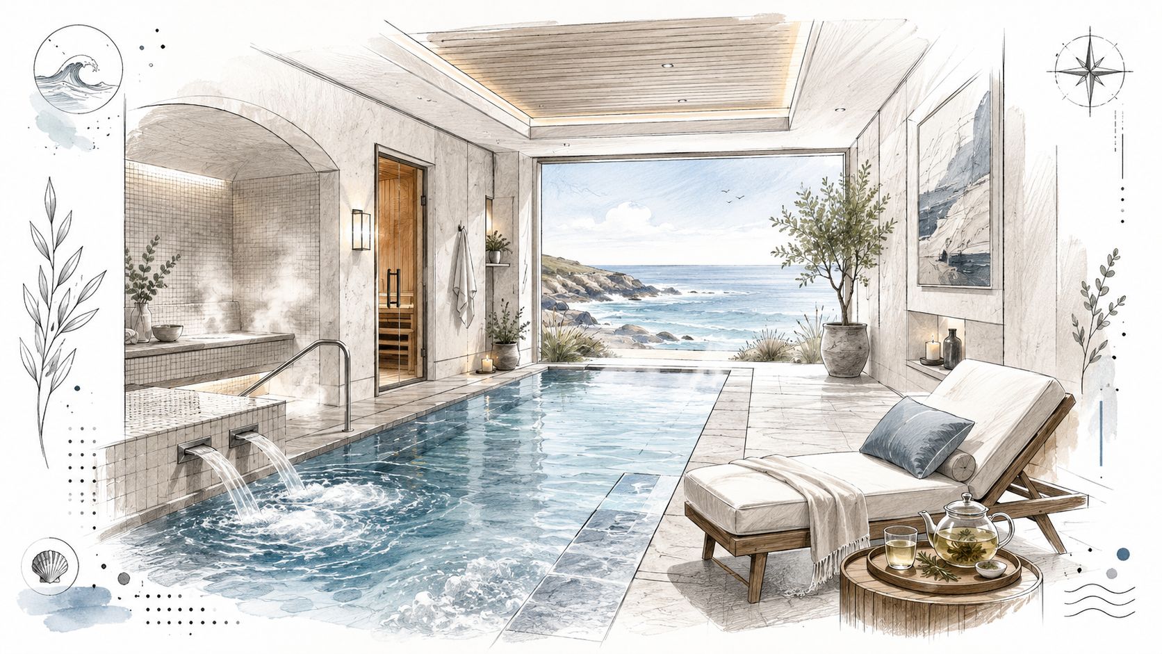 Lujoso spa interior con piscina, sauna y vista al mar, diseñado para la relajación y el bienestar.