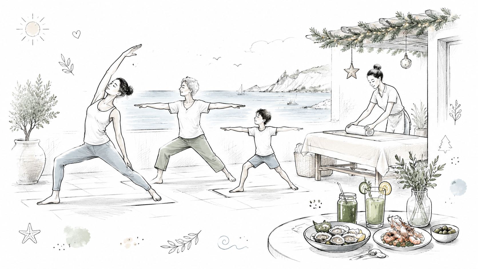 Familia practicando yoga en una terraza frente al mar con ambiente navideño y comida saludable