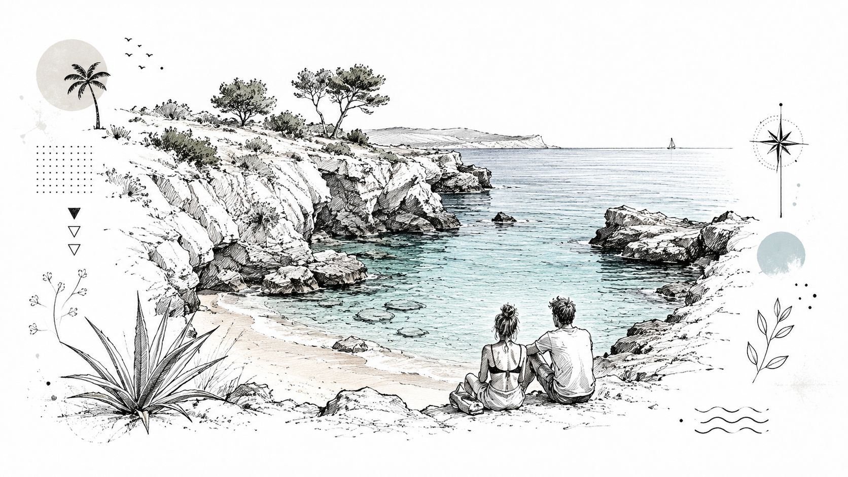 Una pareja sentada admirando una cala tranquila con acantilados, vegetación mediterránea y una vista al mar despejado.