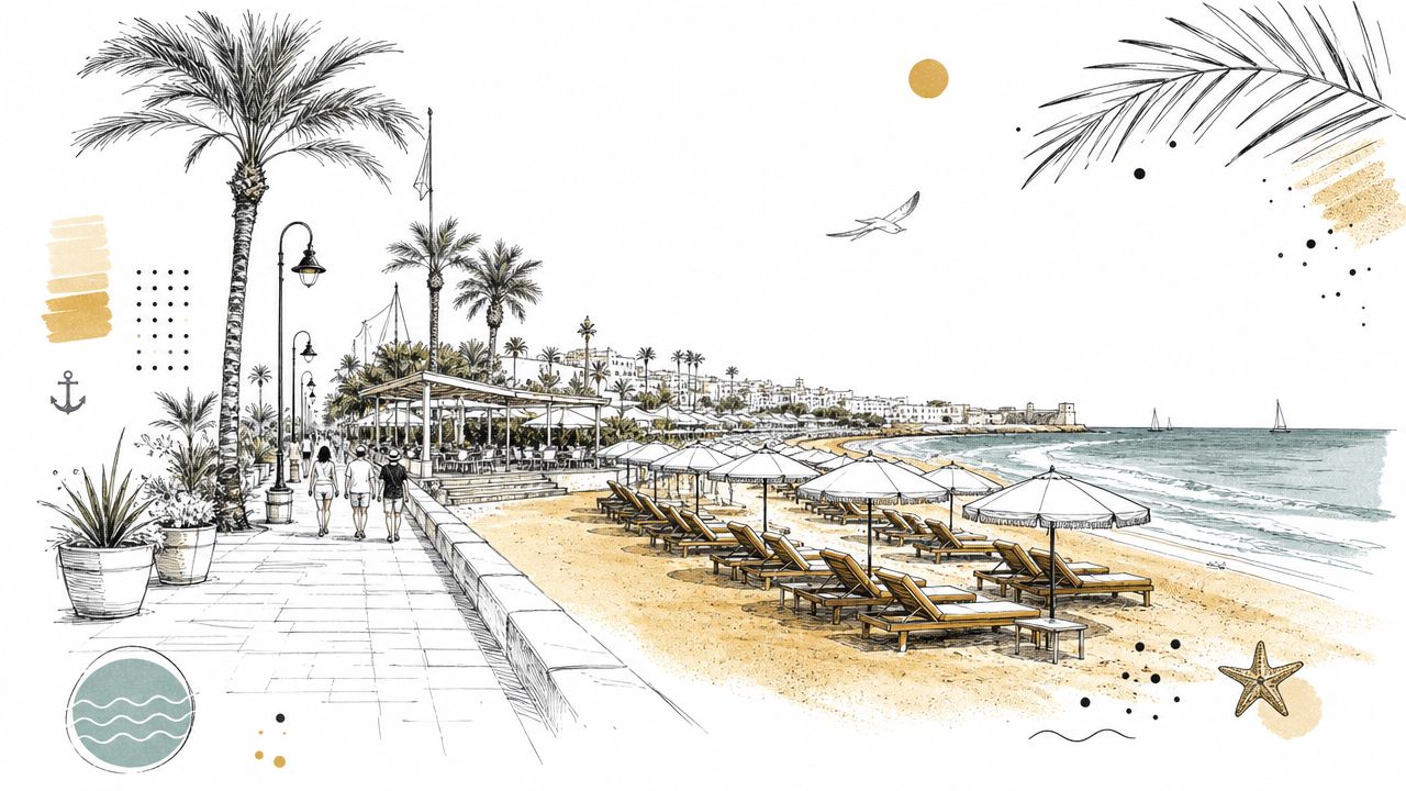 Ilustración artística de un paseo marítimo con palmeras, sombrillas y gente caminando junto a la playa.