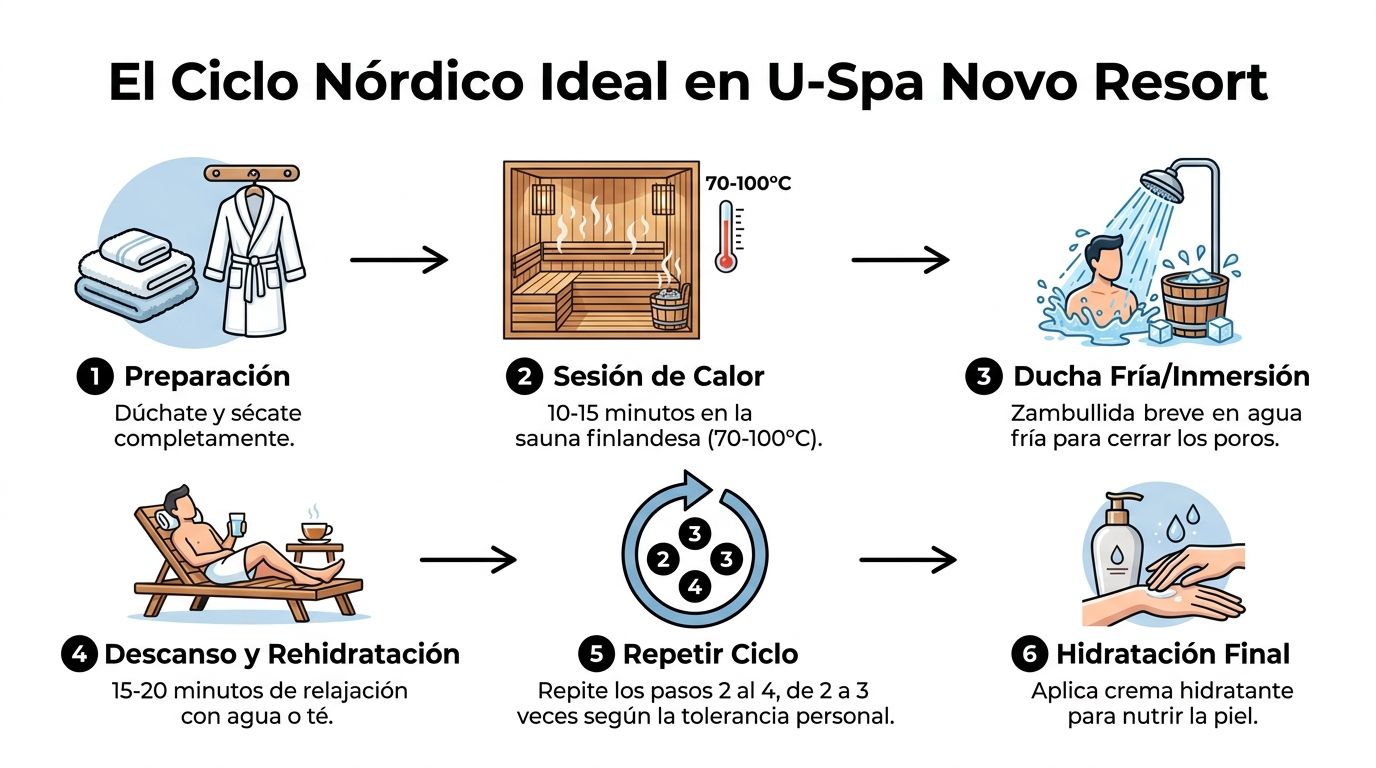 Infografía del ciclo nórdico de spa mostrando pasos de sauna finlandesa, ducha fría, descanso e hidratación corporal.
