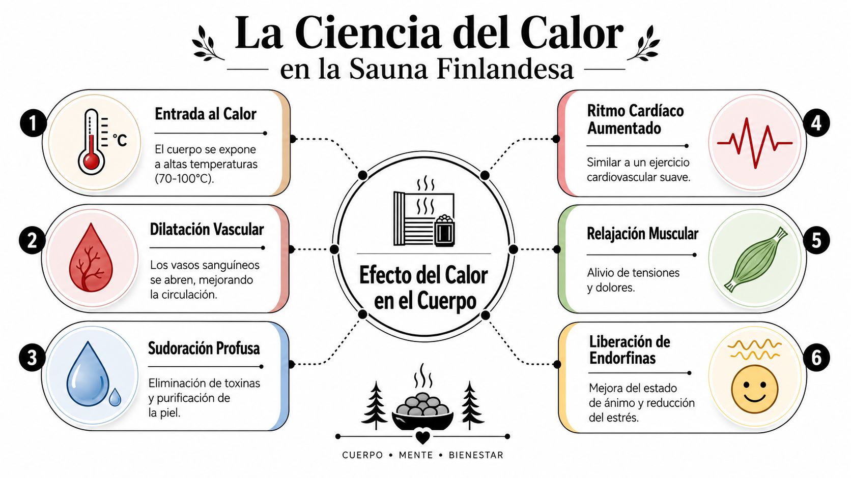 Infografía sobre los beneficios científicos del calor de la sauna finlandesa para el cuerpo y la mente.