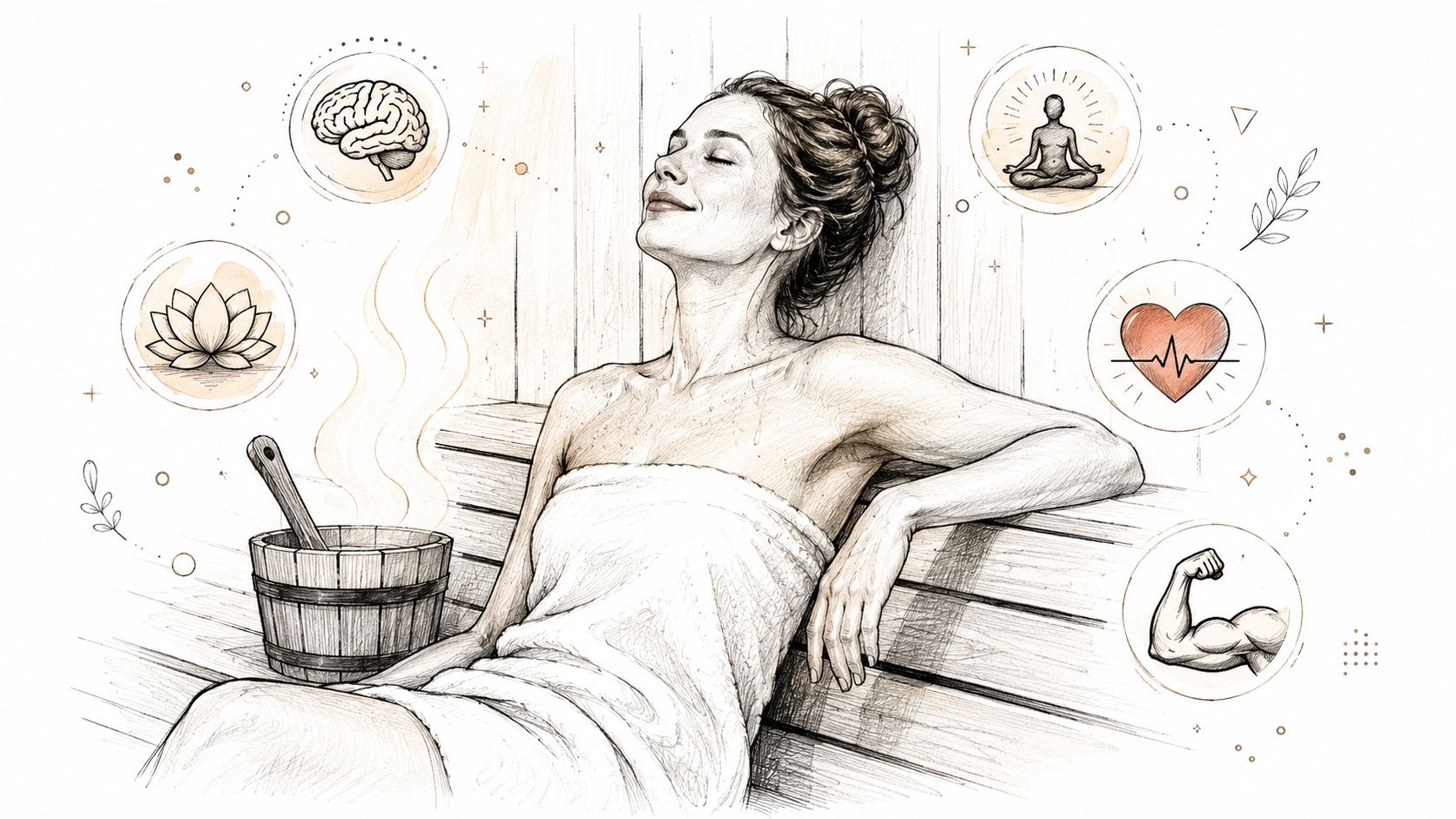 Una mujer relajándose en una sauna de madera, rodeada de iconos sobre los beneficios para la salud.