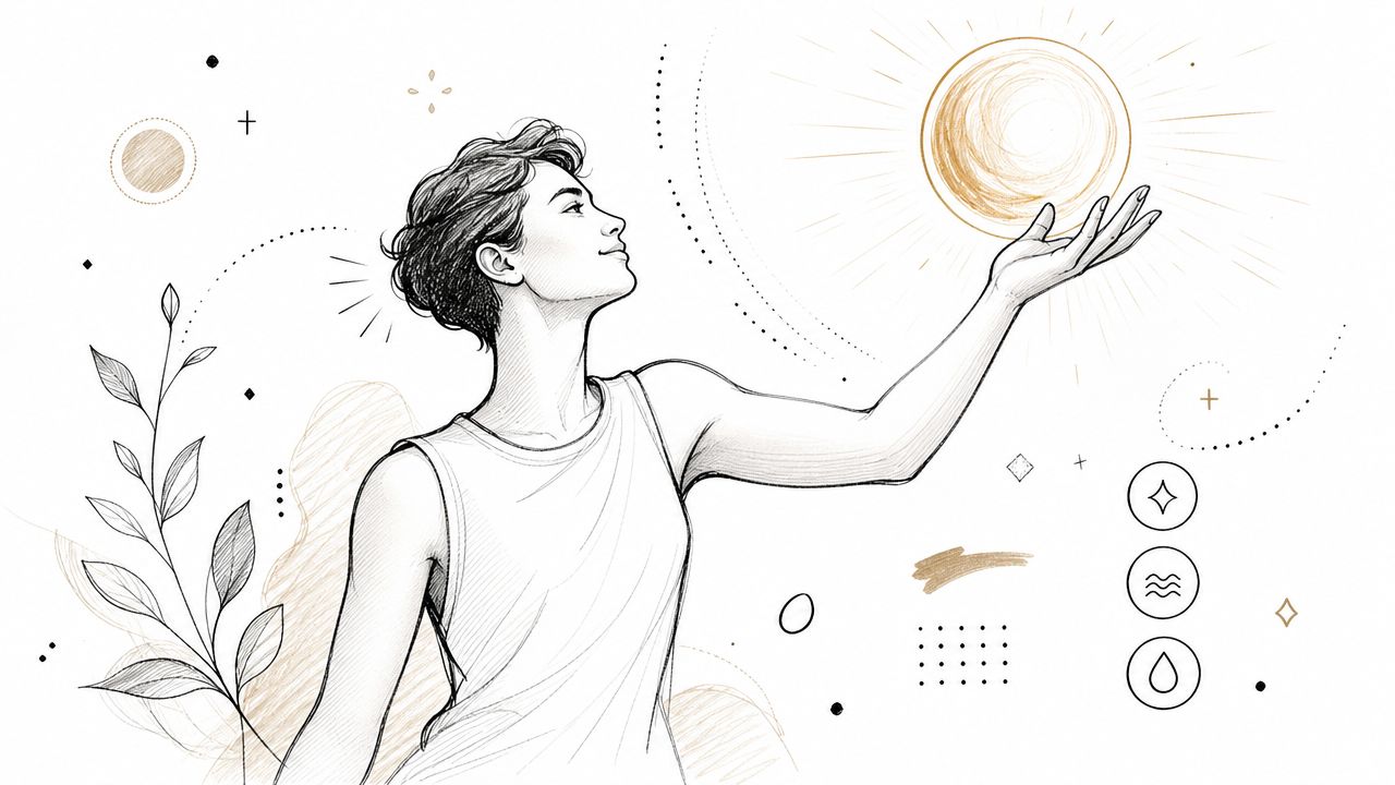 Ilustración artística de una persona conectada con la naturaleza, el sol y elementos simbólicos de bienestar holístico.