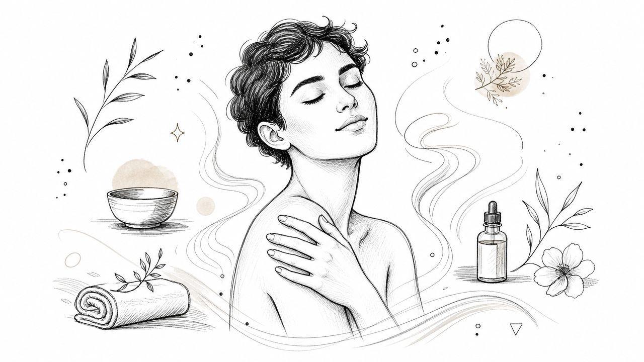 Una ilustración en blanco y negro de una mujer relajada rodeada de elementos de spa y bienestar.