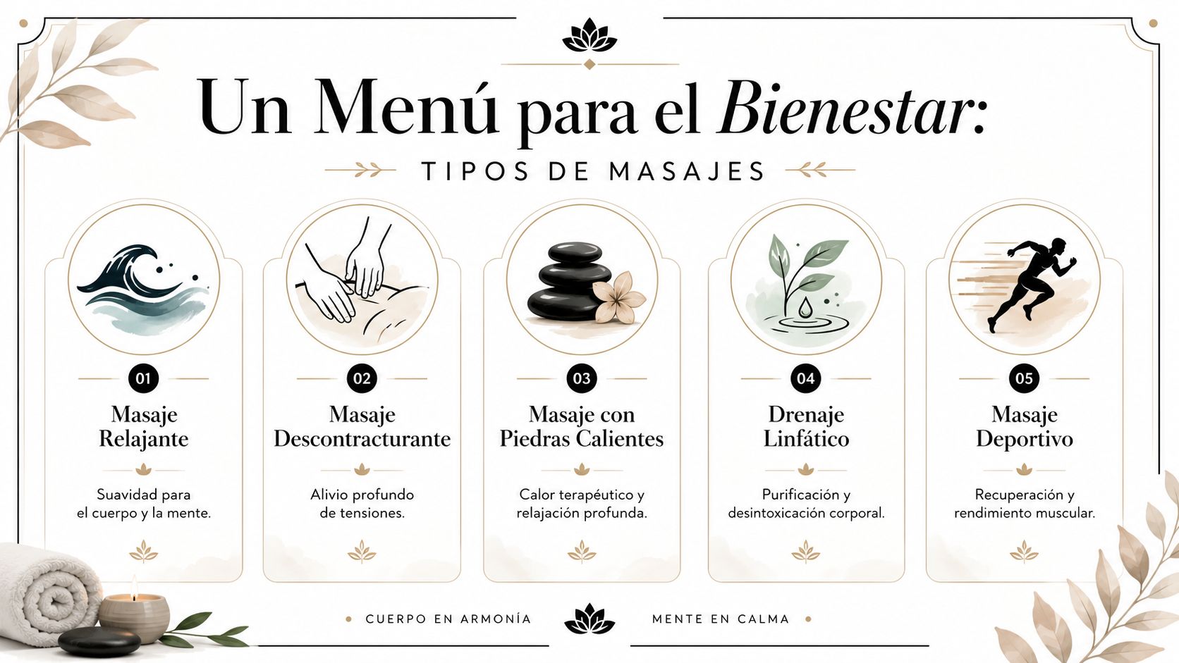 Infografía elegante que presenta un menú de bienestar con cinco tipos de masajes y sus beneficios.