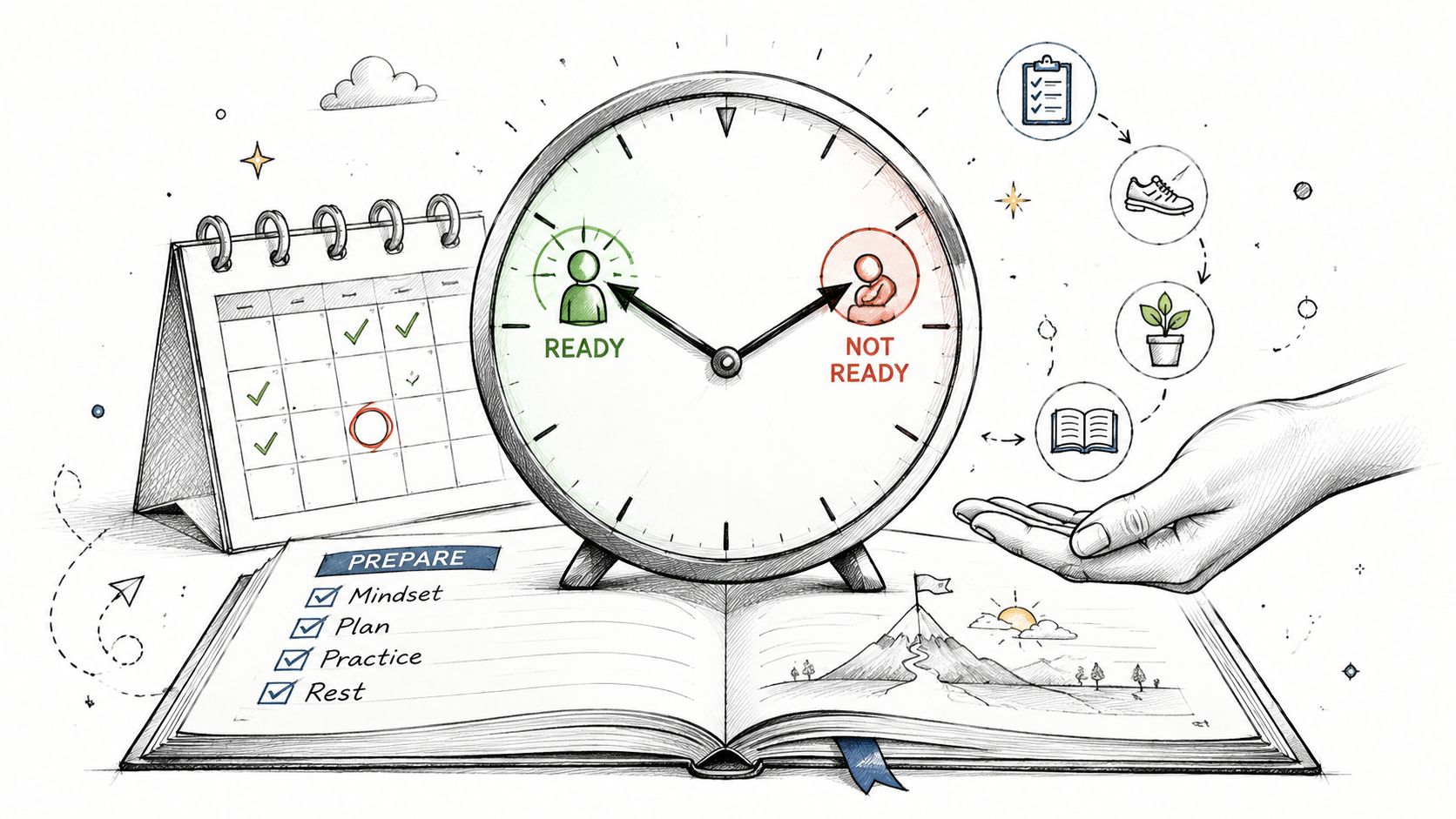 Ilustración que muestra un reloj de preparación, un calendario, una lista de tareas y metas alcanzables.