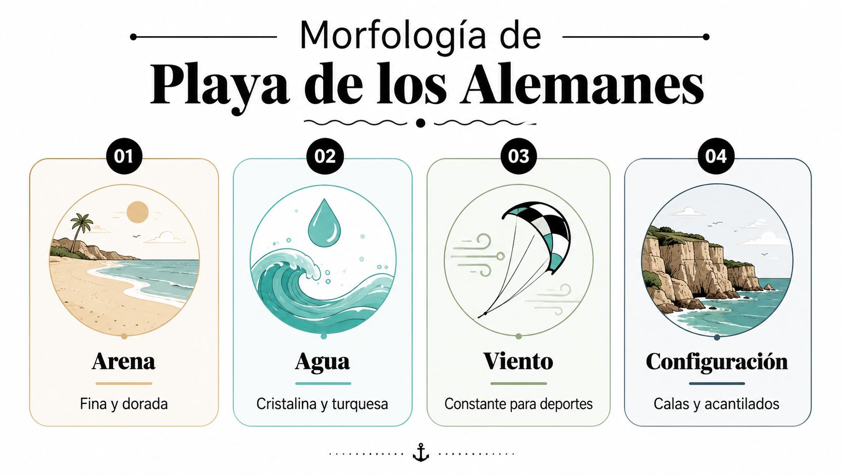 Infografía sobre la morfología de la Playa de los Alemanes destacando su arena, agua, viento y configuración.