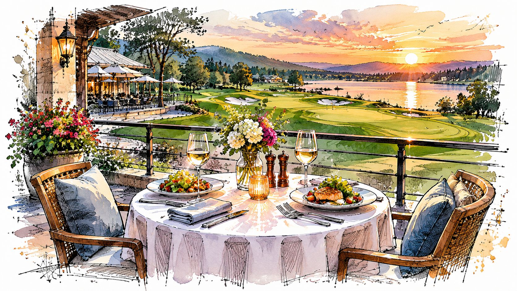 Mesa elegante dispuesta en una terraza con vista panorámica a un campo de golf al atardecer.