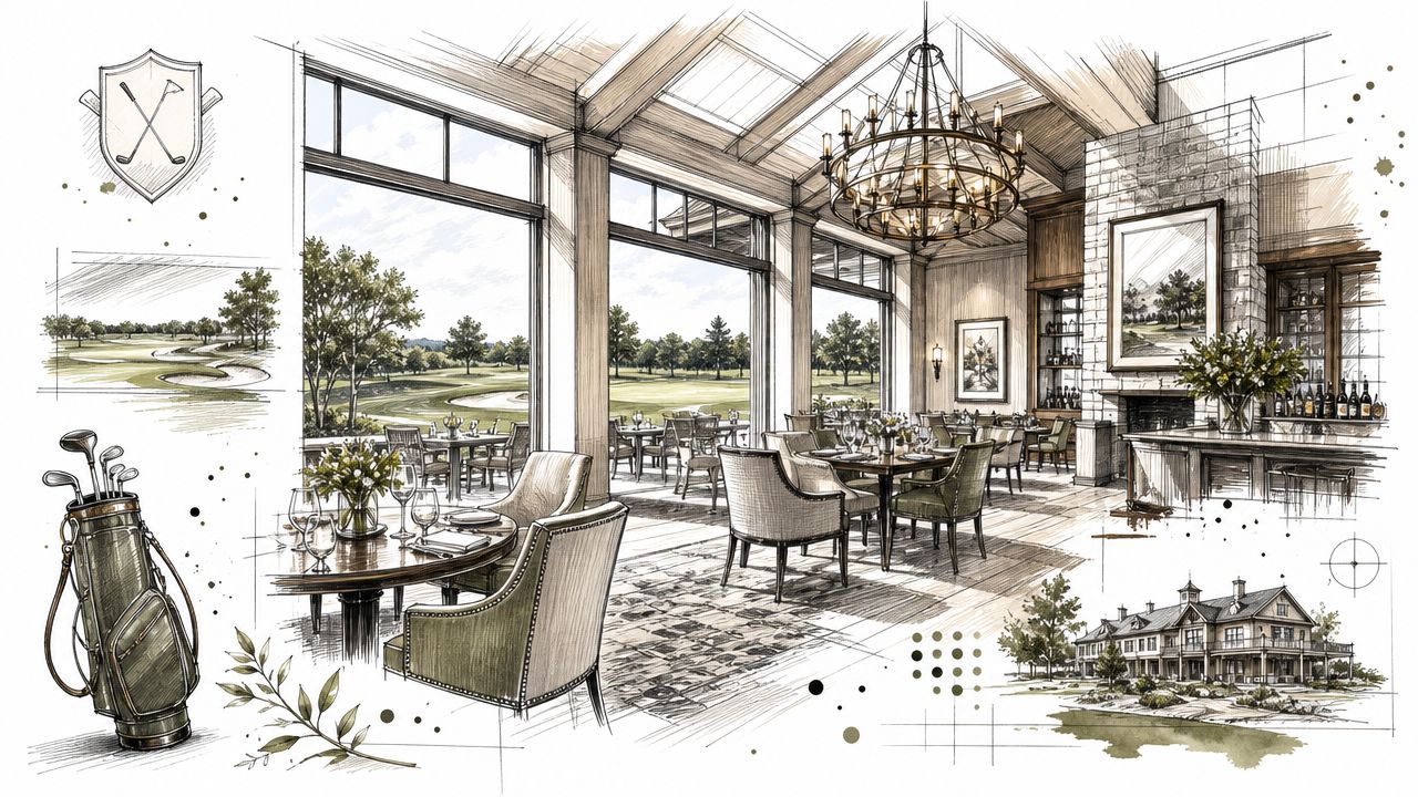 Boceto artístico de un elegante restaurante de campo de golf con vistas panorámicas al campo de juego.