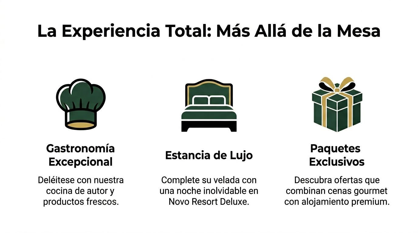 Imagen promocional que destaca experiencias de alta gastronomía, estancia de lujo y paquetes exclusivos para un resort.