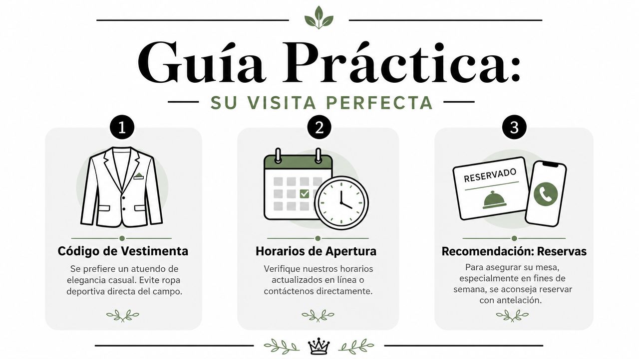 Guía práctica con tres puntos clave sobre el código de vestimenta, horarios y reservas para el restaurante.