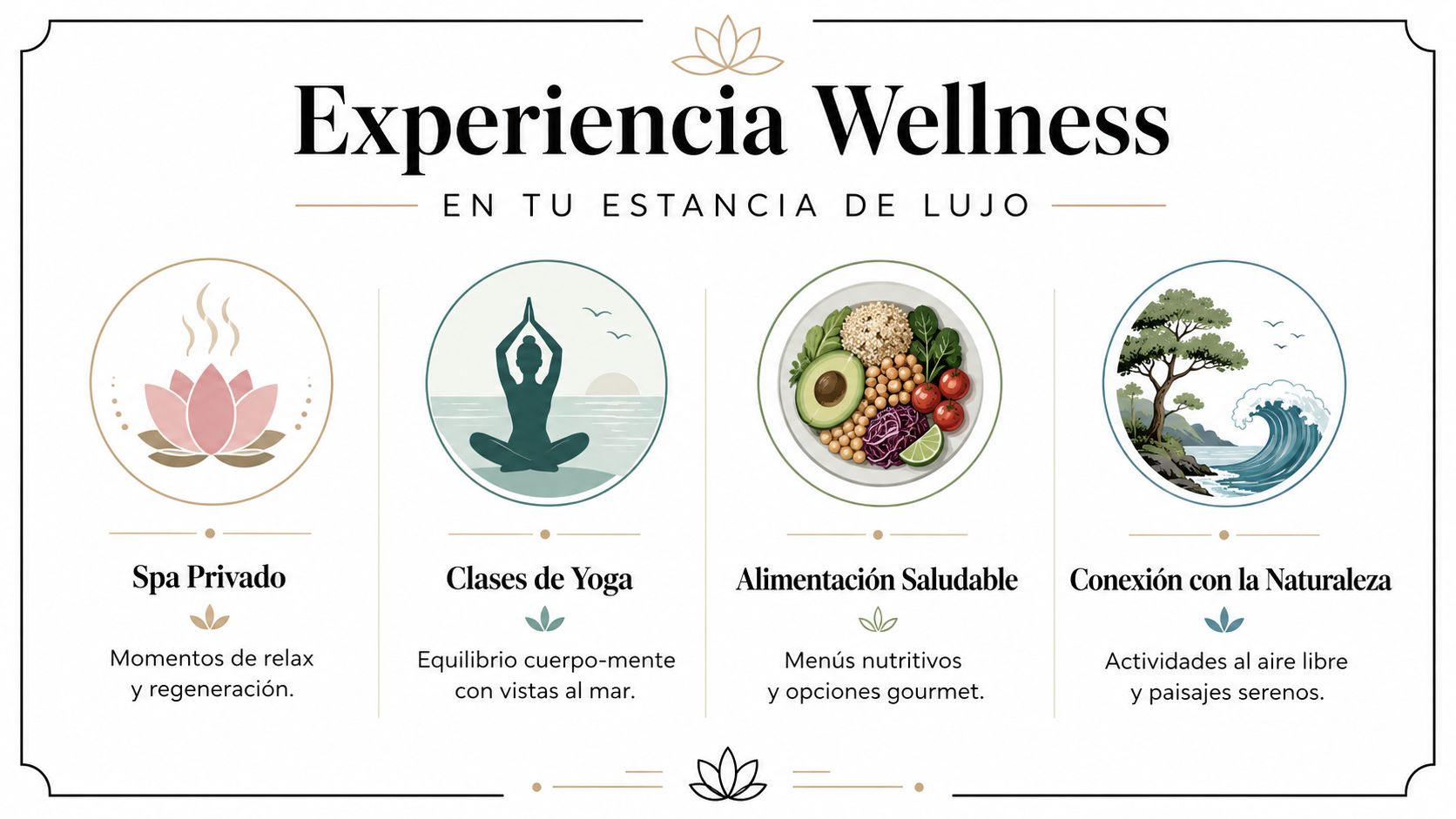 Infografía sobre una experiencia de bienestar con spa, yoga, comida saludable y naturaleza para estancias de lujo.
