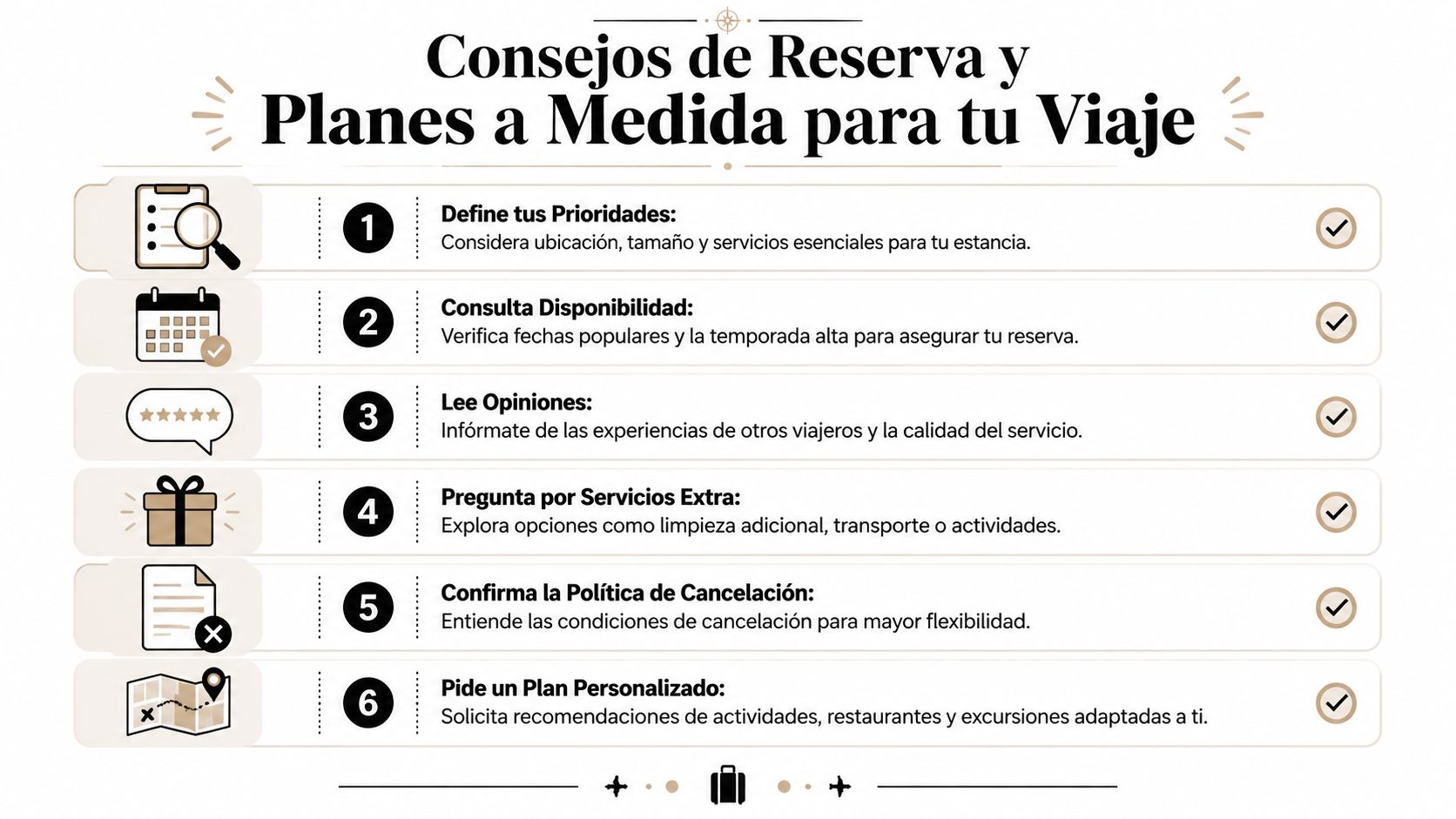 Una infografía con seis consejos esenciales para reservar y planificar viajes de manera efectiva y personalizada.
