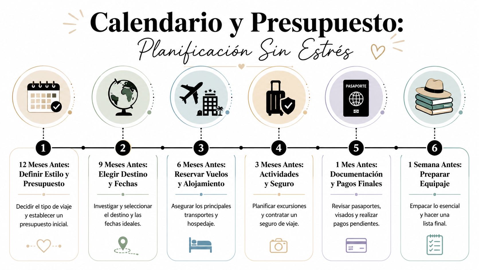 Infografía sobre el calendario y presupuesto para la planificación sin estrés de un viaje de novios.