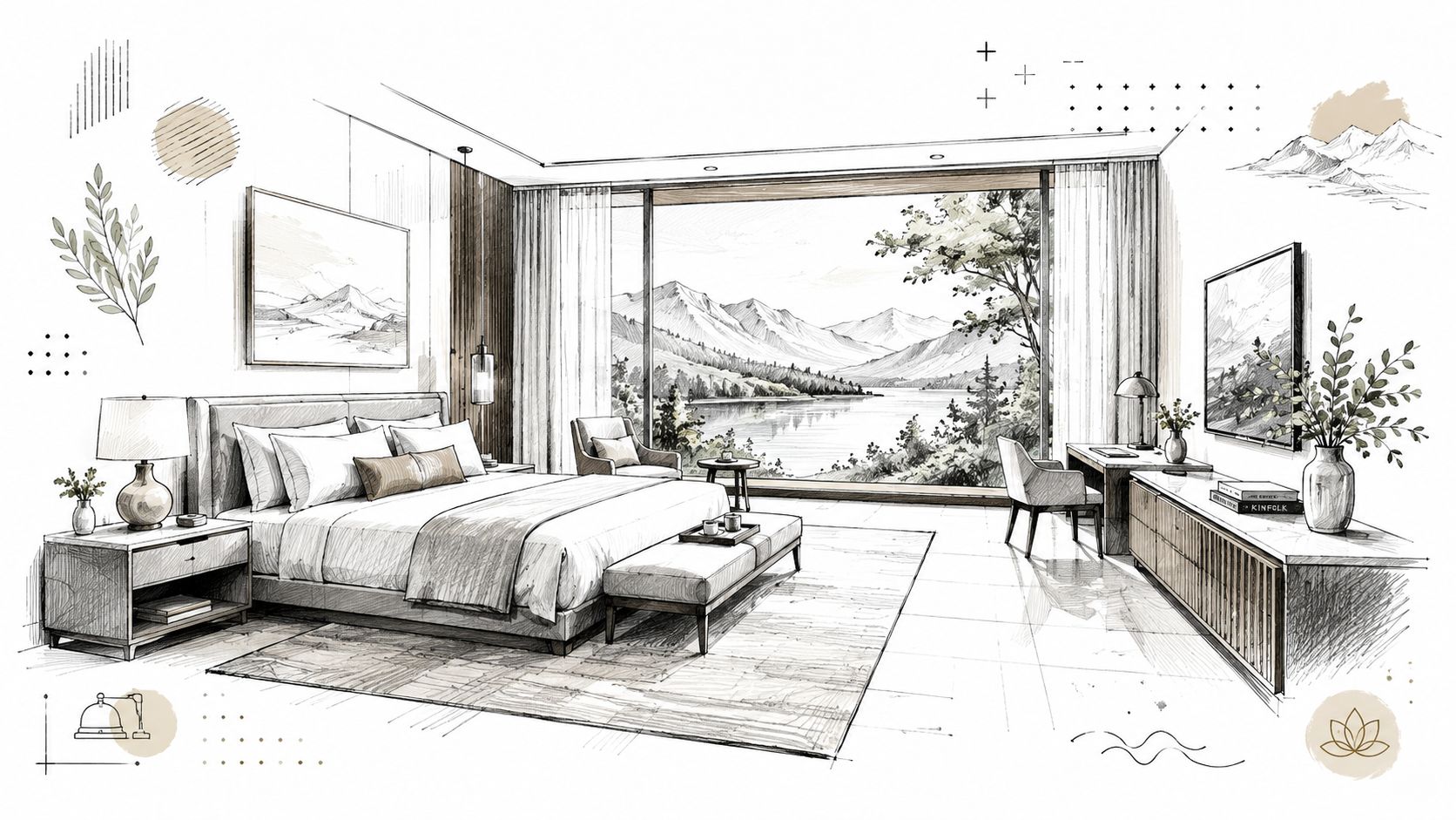 Boceto artístico de un dormitorio lujoso con vista panorámica a un lago y montañas serenas.