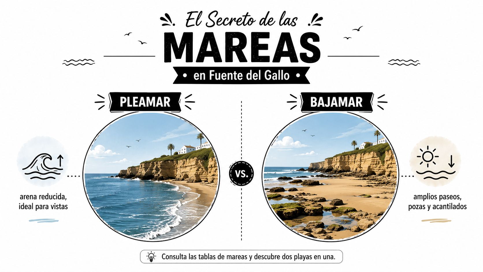 Comparativa visual entre pleamar y bajamar en la playa de Fuente del Gallo en Conil.