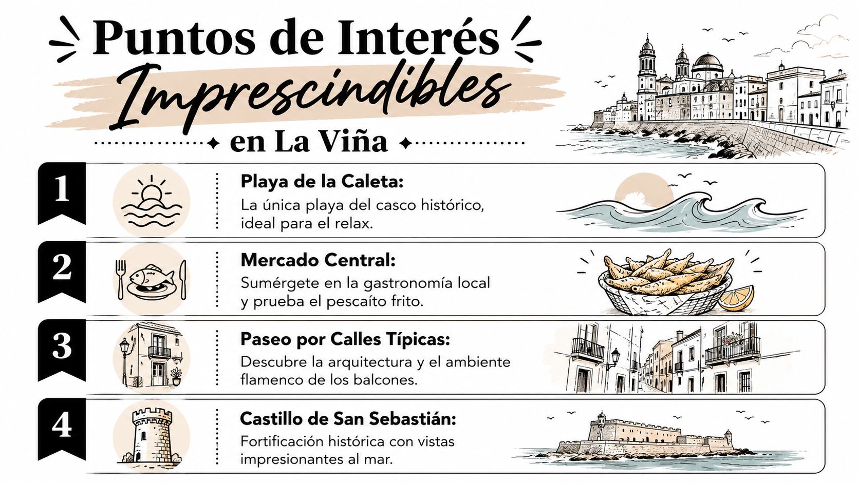 Infografía sobre los puntos de interés imprescindibles para visitar en el barrio de La Viña en Cádiz.