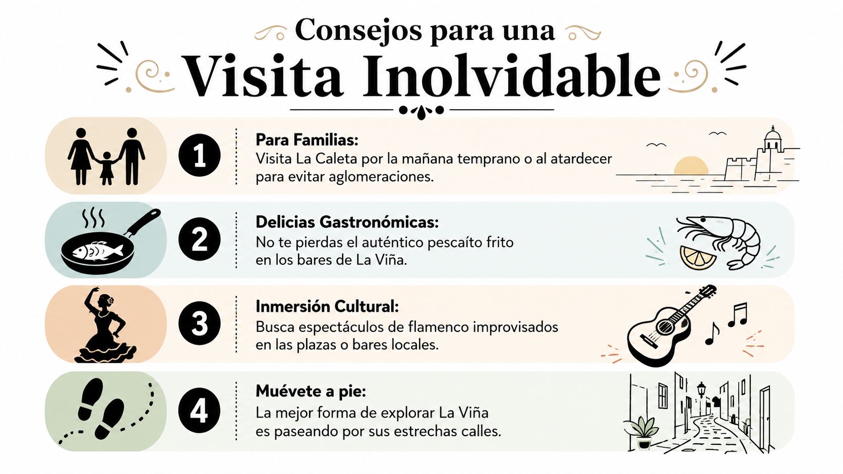 Una infografía con consejos turísticos para visitar el barrio de La Viña en Cádiz, España.