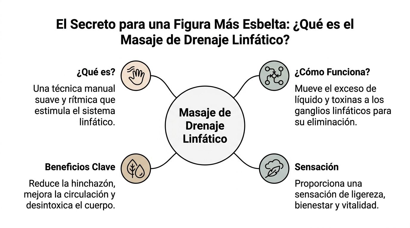 Diagrama explicativo sobre qué es el masaje de drenaje linfático, cómo funciona, beneficios y sensaciones.