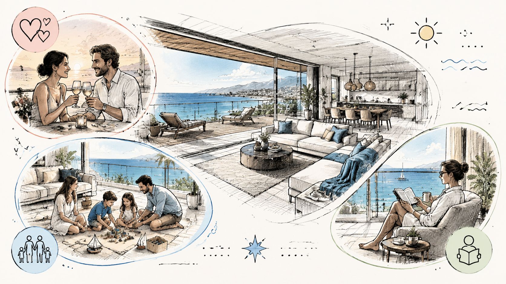 Una ilustración detallada que muestra un ático de lujo con vistas al mar y una familia feliz.